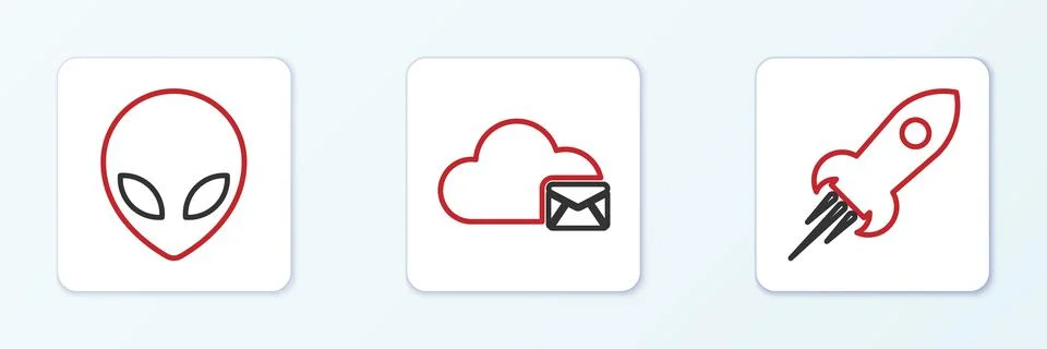 Set line Rocket ship with fire, Alien and Cloud mail server icon. Vector 스톡 일러스트