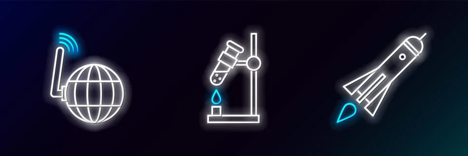 Set line Rocket ship with fire, Social network and Test tube flask on icon. G Illustrazione stock
