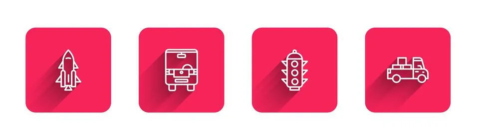 Set line Rocket ship with fire, Bus, Traffic light and Delivery truck with long Stock Illustration