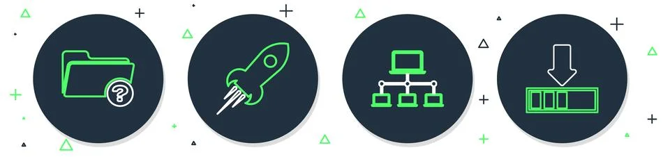 Set line Rocket ship with fire, Computer network, Unknown directory and Loading 库存插图