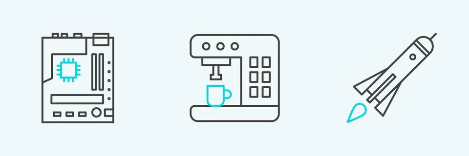 Set line Rocket ship with fire, Motherboard and Coffee machine icon. Vector Stock Illustration