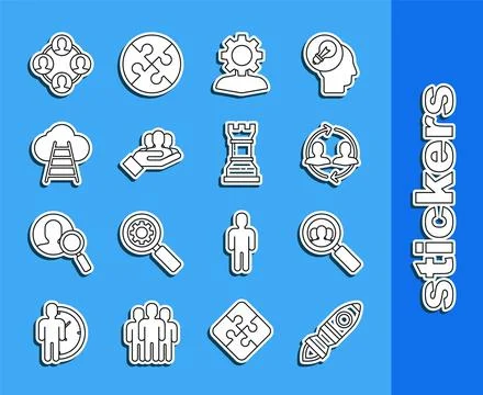 Set line Rocket ship with fire, Magnifying glass for search a people, Human Stock Illustration