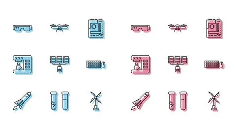 Set line Rocket ship with fire, Test tube and flask, Smart glasses, Wind turbine Stock Illustration