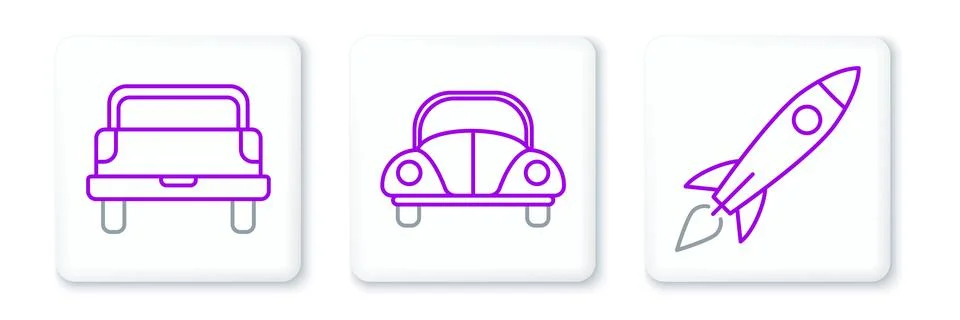 Set line Rocket ship with fire, Pickup truck and Car icon. Vector 스톡 일러스트