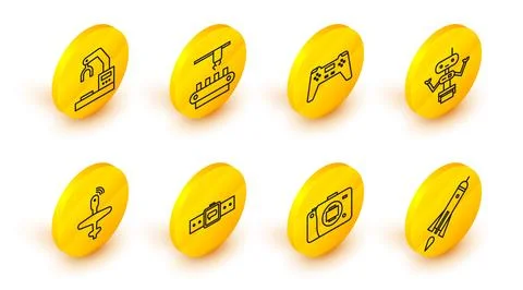 Set line Rocket ship with fire, Mirrorless camera, Smartwatch, UAV Drone, Robot Stock Illustration