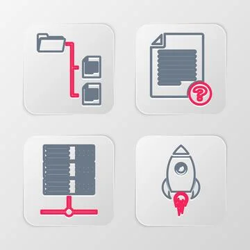 Set line Rocket ship with fire, Server, Data, Web Hosting, Unknown document and Stock Illustration