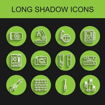 Set line Rocket ship with fire, Binary code, Video graphic card, Screwdrive.. Stock Illustration