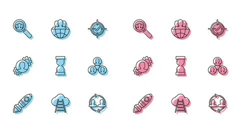 Set line Rocket ship with fire, Ladder leading to cloud, Magnifying glass f.. イラスト素材