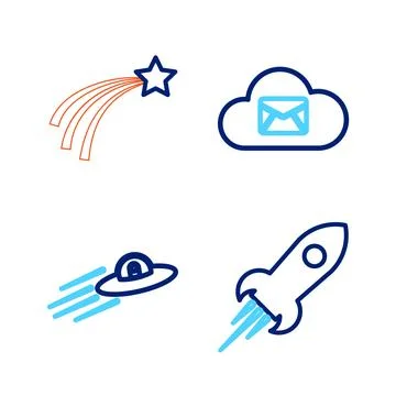 Set line Rocket ship with fire, UFO flying spaceship and alien, Cloud mail .. Stock Illustration