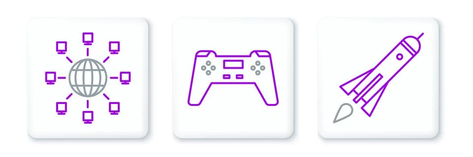 Set line Rocket ship with fire, Social network and Gamepad icon. Vector Illustrazione stock