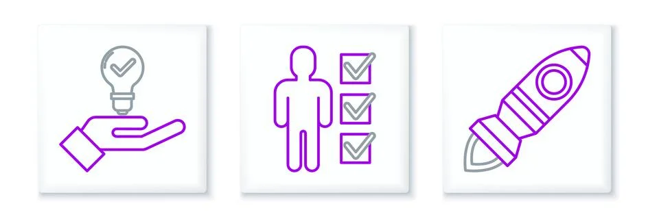 Set line Rocket ship with fire, Light bulb in hand and User of man business.. Stock Illustration