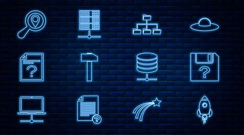 Set line Rocket ship with fire, Unknown document, Folder tree, Hammer, Sear.. Stock Illustration