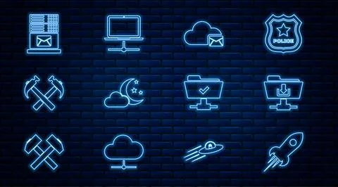 Set line Rocket ship with fire, FTP folder download, Cloud mail server, moo.. Illustrazione stock