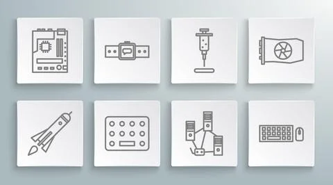 Set line Rocket ship with fire, Smartwatch, Pills in blister pack, Computer.. Stock-Illustration