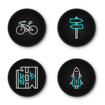 Set line Rocket ship with fire, Broken road, Road traffic signpost and Bicy.. Stock Illustration