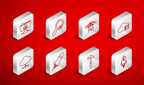 Set line Rocket ship with fire, Unknown search, UFO abducts cow, Cloud mail.. 스톡 일러스트
