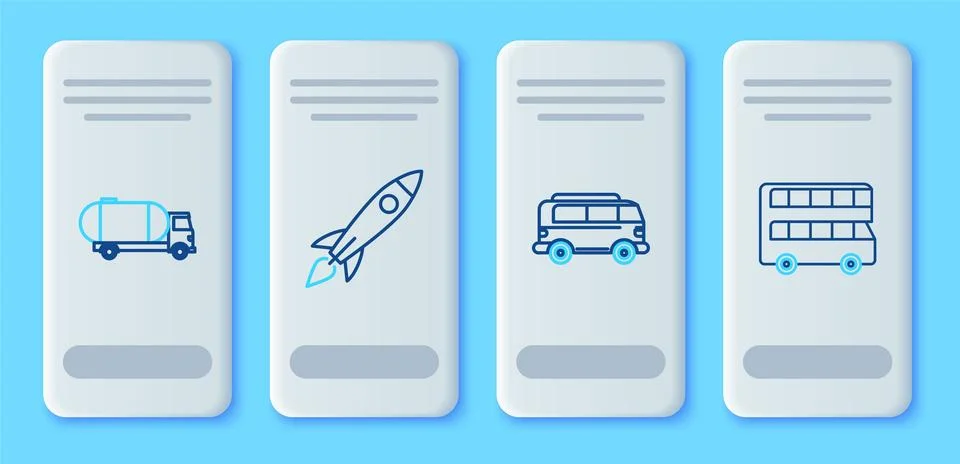 Set line Rocket ship with fire, Retro minivan, Tanker truck and Double deck.. Stock Illustration