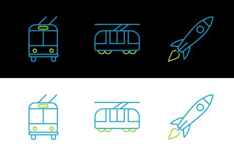 Set line Rocket ship with fire, Trolleybus and Tram and railway icon. Vector イラスト素材