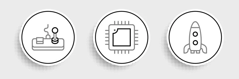 Set line Rocket ship, Gamepad and Processor with CPU icon. Vector Stock Illustration