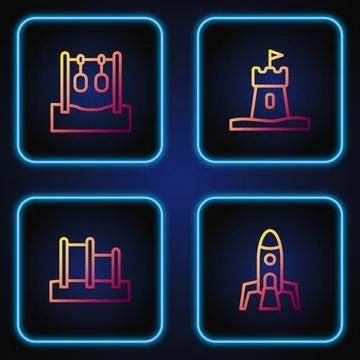 Set line Rocket ship, Horizontal bar, Gymnastic rings and Sand tower. Gradient Stock Illustration