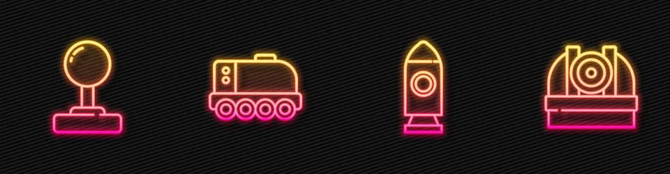 Set line Rocket ship, Joystick, Mars rover and Astronomical observatory. Glow Stock Illustration