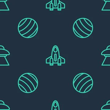 Set line Rocket ship, Planet and UFO flying spaceship on seamless pattern. Ve Stock Illustration