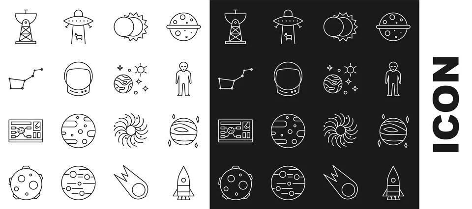 Set line Rocket ship, Planet Venus, Alien, Eclipse of the sun, Astronaut he.. 스톡 일러스트