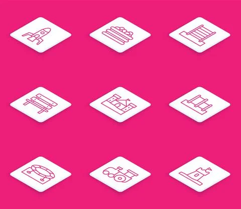 Set line Rocket ship, Pool with balls, Swedish wall, Bench, Sand castle Illustrazione stock