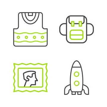Set line Rocket ship, Postal stamp, School backpack and Waistcoat icon. Vecto Stock Illustration