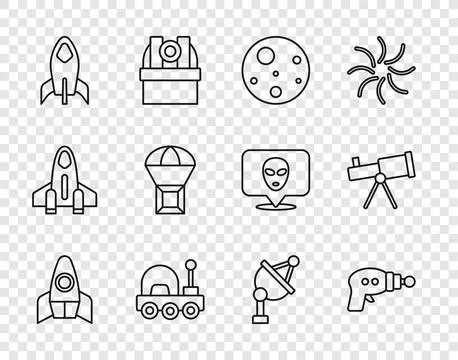 Set line Rocket ship, Ray gun, Planet Mars, rover, Box flying on parachute Stock Illustration