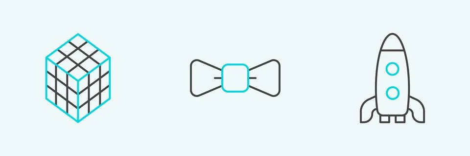 Set line Rocket ship, Rubik cube and Bow tie icon. Vector Stock Illustration