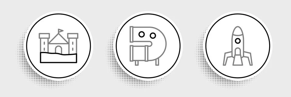 Set line Rocket ship, Sand castle and Kid playground slide pipe icon. Vector Stock Illustration