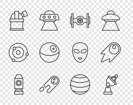 Set line Rocket ship, Satellite dish, Cosmic, Comet falling down fast, Astr.. Stock Illustration