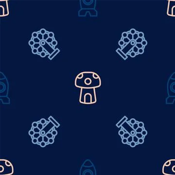Set line Rocket ship toy, Ferris wheel and Mushroom house on seamless pattern Stock Illustration