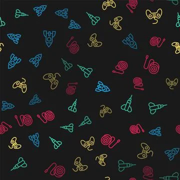 Set line Rocket ship toy, Dart arrow, Gamepad and Yoyo on seamless pattern Stock Illustration
