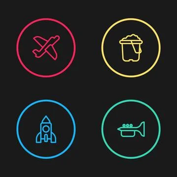 Set line Rocket ship toy, Trumpet, Sand in bucket and Toy plane icon. Vector Stock Illustration