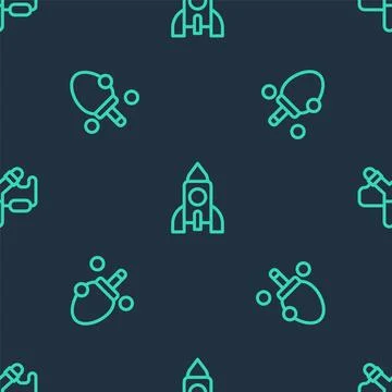 Set line Rocket ship toy, Racket and Slingshot on seamless pattern. Vector Illustrazione stock