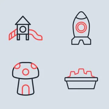 Set line Rocket ship toy, Mushroom house, Sandbox with sand and Slide playg.. Stock Illustration