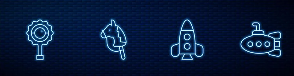 Set line Rocket ship toy, Rattle baby, Toy horse and Submarine. Glowing neo.. 스톡 일러스트
