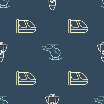 Set line Rocket ship, Train and railway and Helicopter on seamless pattern Illustrazione stock