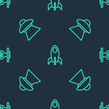 Set line Rocket ship, UFO flying spaceship and Cosmic on seamless pattern Stock Illustration
