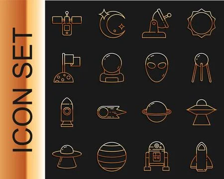 Set line Rocket ship, UFO flying spaceship, Satellite, dish, Astronaut helm.. Stock Illustration