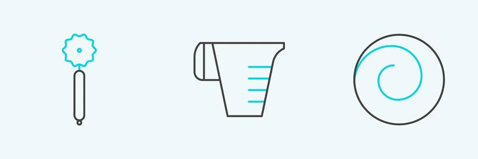Set line Roll bun with cinnamon, Pizza knife and Measuring cup icon. Vector Stock Illustration