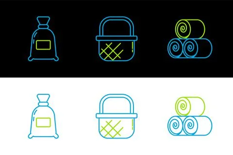Set line Roll of hay, Bag flour and Shopping basket icon. Vector Stock Illustration
