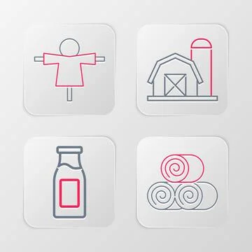 Set line Roll of hay, Bottle with milk, Farm house and Scarecrow icon. Vector Stock Illustration