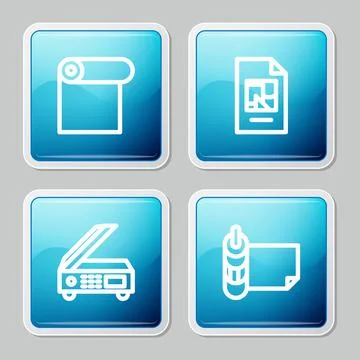 Set line Roll of paper, File document, Scanner and  icon. Vector Stock Illustration