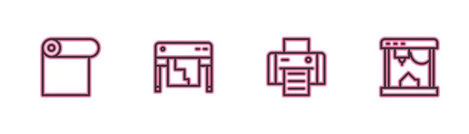 Set line Roll of paper, Printer, Plotter and 3D printer icon. Vector Illustrazione stock