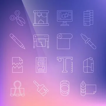 Set line Roll of paper, Printer ink bottle, Pipette, Computer monitor screen Stock Illustration