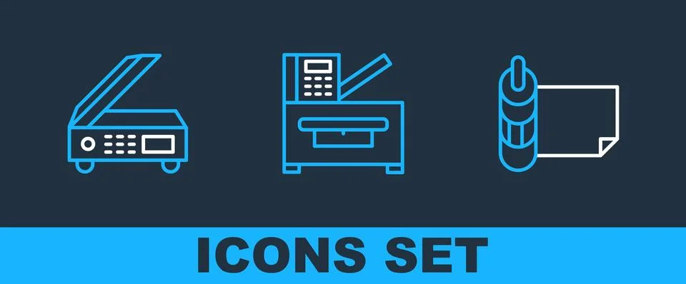 Set line Roll of paper, Scanner and Copy machine icon. Vector Stock Illustration