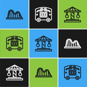 Set line Roller coaster, Attraction carousel and Circus wagon icon. Vector Stock Illustration